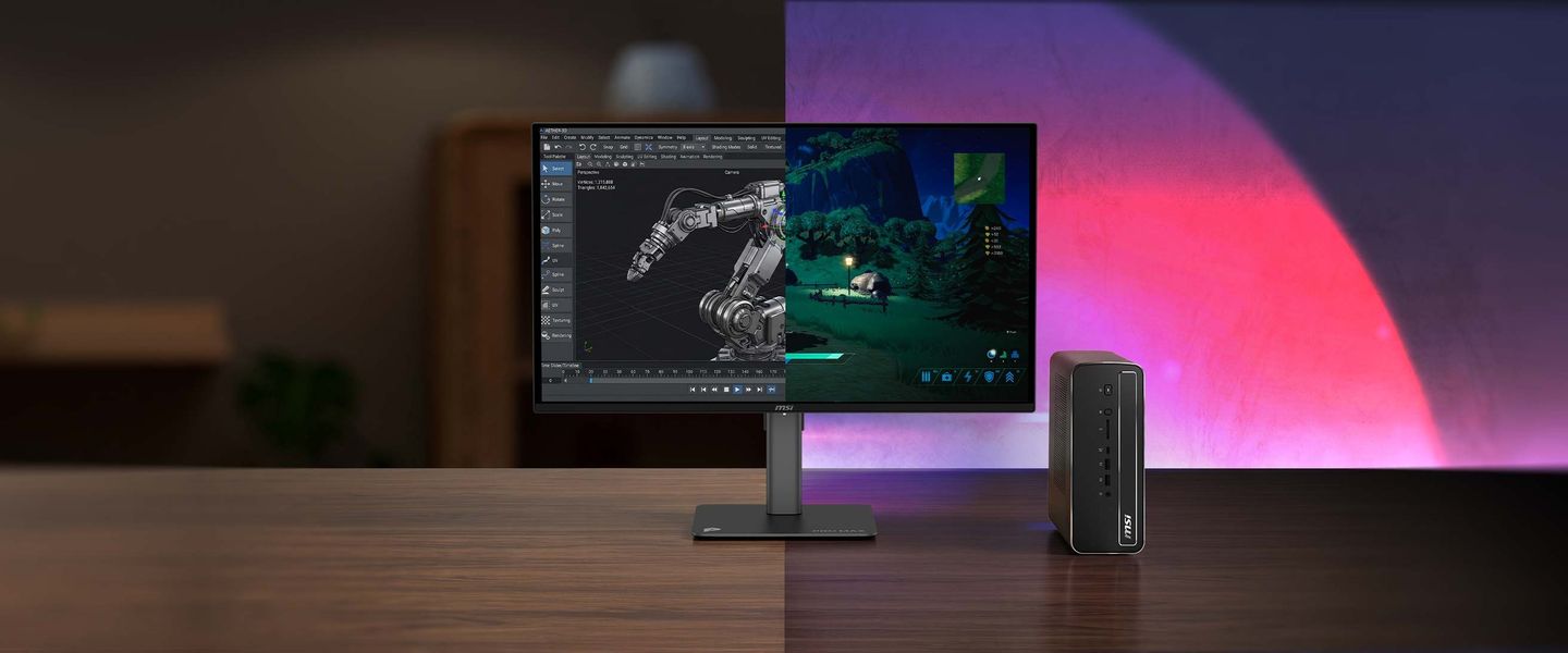 MSI PRO MAX EDGE AI+ 11M beside a monitor running 3D design software and a game, showing the compact 4-liter chassis on a desk