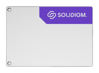 Solidigm D7-P5520 3.84TB PCIe 4.0 NVMe U.2 15mm 2.5-inch data center SSD, top-down view of the Solidigm-branded drive on a transparent background