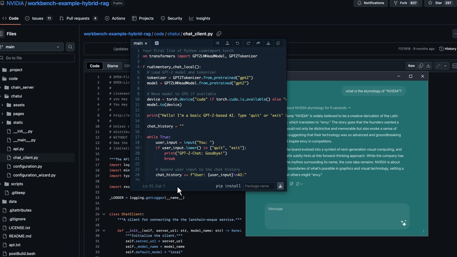A local NVIDIA AI Workbench development session running a hybrid RAG chat client next to its Python source.