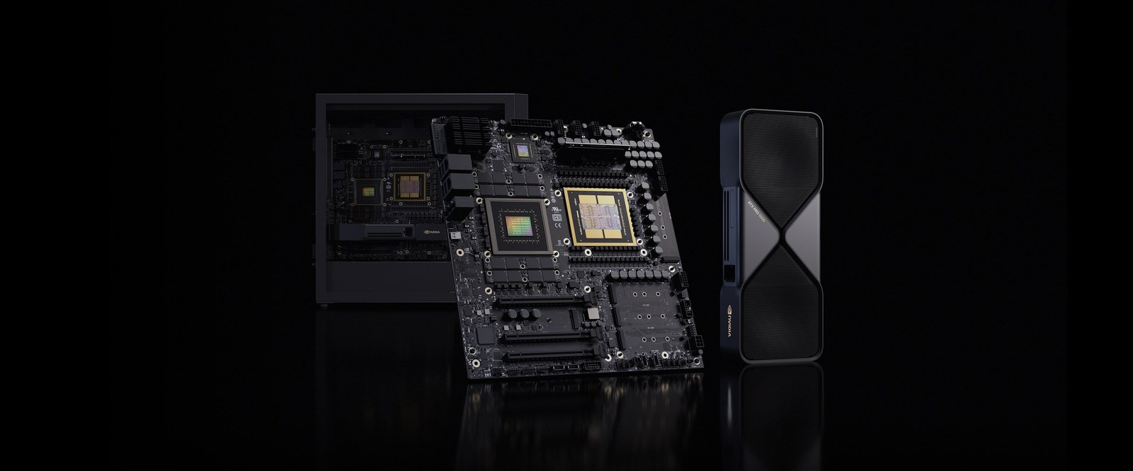The GB300 Grace Blackwell Ultra Desktop Superchip board beside an NVIDIA RTX PRO 6000 Blackwell card and the DGX Station chassis.