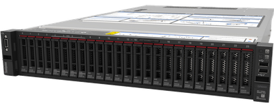 Lenovo ThinkSystem SR650 2U two-socket rack server, angled front view of the 24-bay chassis
