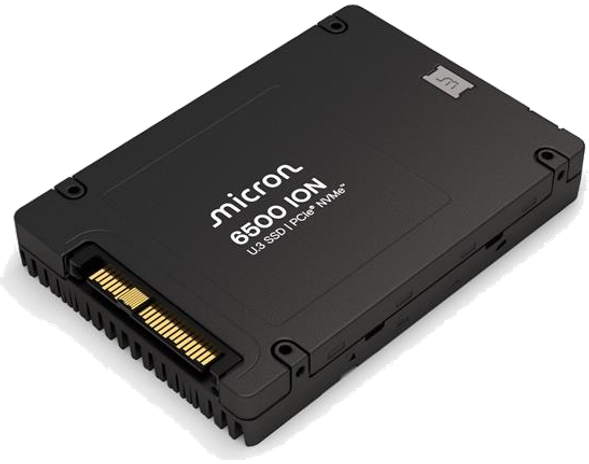 Micron 6500 ION 30.72TB PCIe 4.0 NVMe U.3 15mm 2.5-inch data center SSD, angled view of the Micron-branded drive