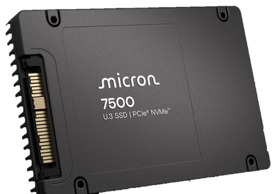 Micron 7500 PRO PCIe 4.0 NVMe U.3 15mm 2.5-inch data center SSD, angled view of the Micron-branded drive