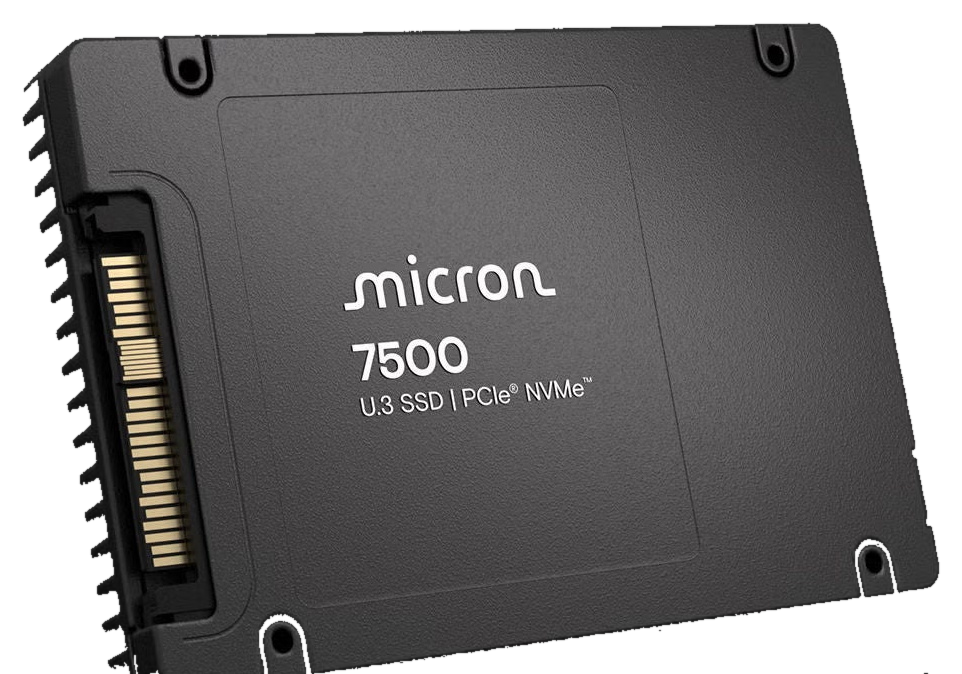 Micron 7500 PRO PCIe 4.0 NVMe U.3 15mm 2.5-inch data center SSD, angled view of the Micron-branded drive on a transparent background