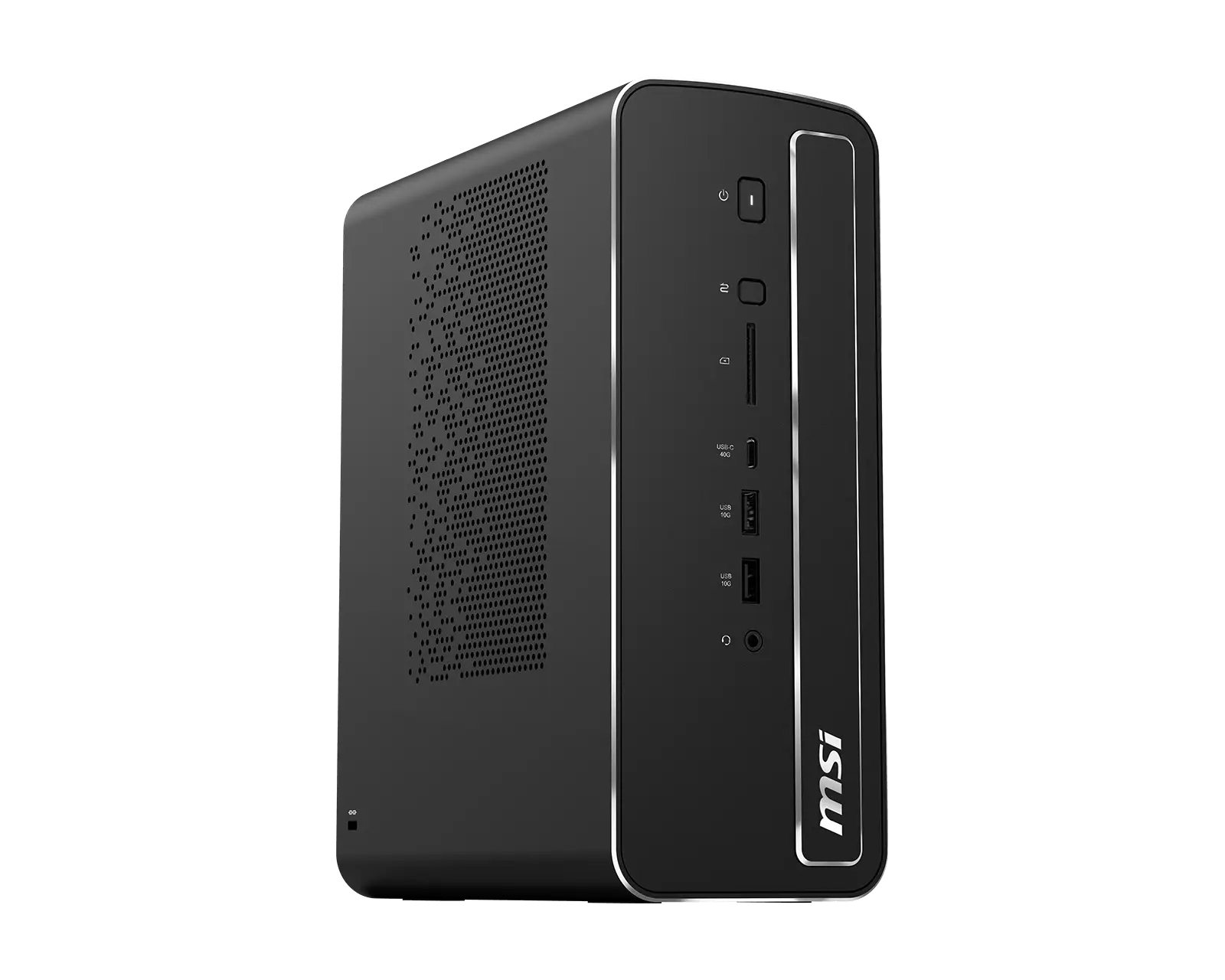 MSI PRO MAX EDGE AI+ 11M front three-quarter view showing the front I/O panel with SD card reader, USB-C 40Gbps, two USB-A 10Gbps ports and audio jack