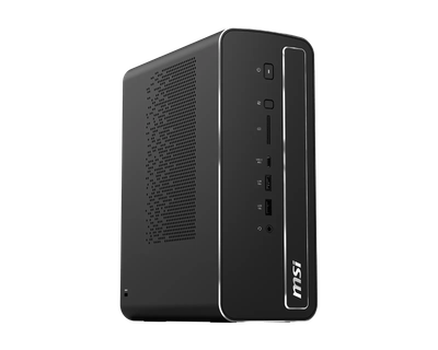 MSI PRO MAX EDGE AI+ 11M front three-quarter view showing the front I/O panel with SD card reader, USB-C 40Gbps, two USB-A 10Gbps ports and audio jack