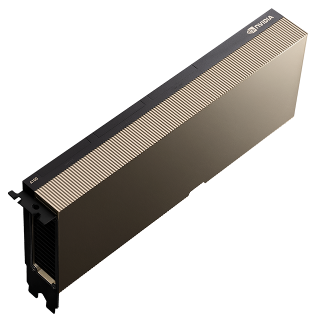 NVIDIA A100 PCIe Tensor Core GPU accelerator, angled view of the passively cooled dual-slot card
