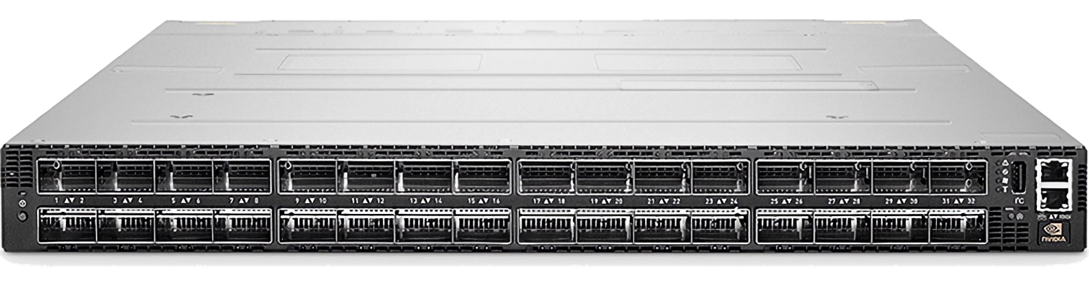 NVIDIA Quantum-2 QM9700 1U 64-port NDR 400Gb/s InfiniBand switch, front view of the 32 OSFP cages
