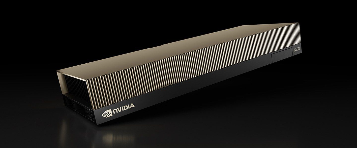 NVIDIA RTX PRO 6000 Blackwell Server Edition: a gold passive blower card angled across a black backdrop, NVIDIA logo on the shroud.