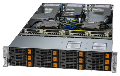 Supermicro AS-2025HS-TNR 2U Hyper dual AMD EPYC rack server, angled front view of the 12-bay chassis