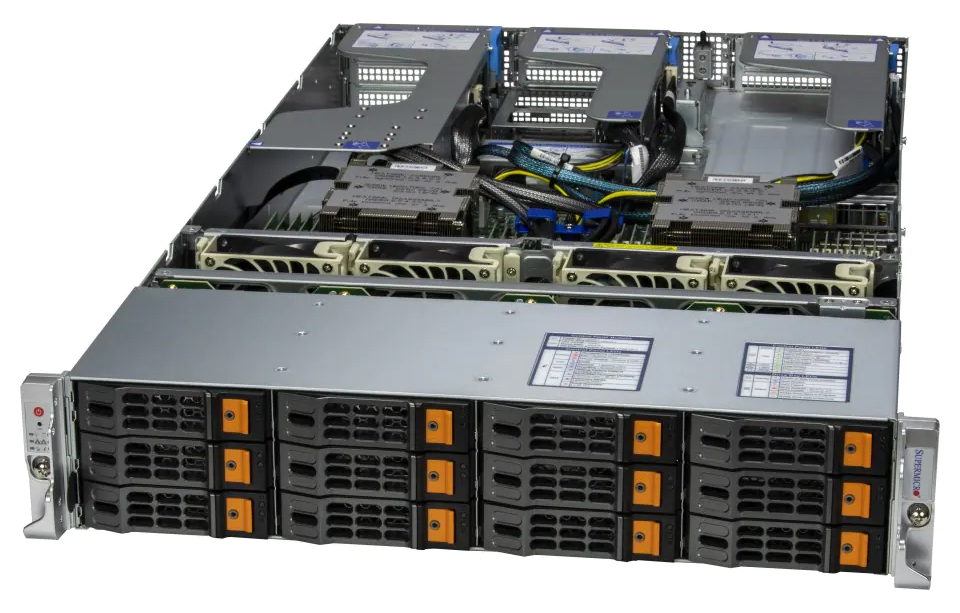 Supermicro AS-2025HS-TNR 2U Hyper dual AMD EPYC rack server, angled front view of the 12-bay chassis