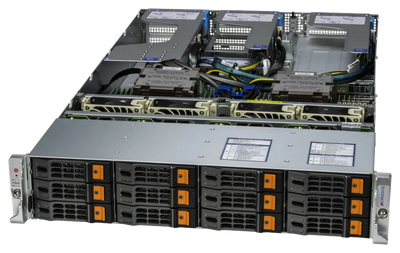 Supermicro AS-2025HS-TNR 2U Hyper dual AMD EPYC rack server, angled view of the 12-bay chassis