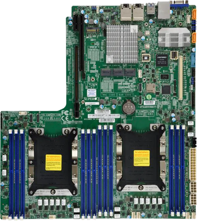 Supermicro X11DDW-NT dual LGA-3647 WIO server motherboard, top-down view of the green PCB