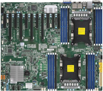Supermicro X11DPX-T dual LGA-3647 EE-ATX server motherboard, top-down view of the green PCB