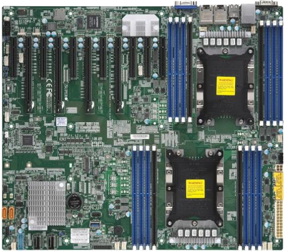 Supermicro X11DPX-T dual LGA-3647 EE-ATX server motherboard, top-down view of the green PCB
