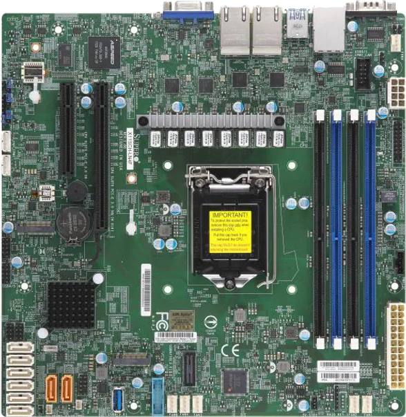 Supermicro X11SCH-LN4F single LGA-1151 micro-ATX server motherboard, top-down view of the green PCB